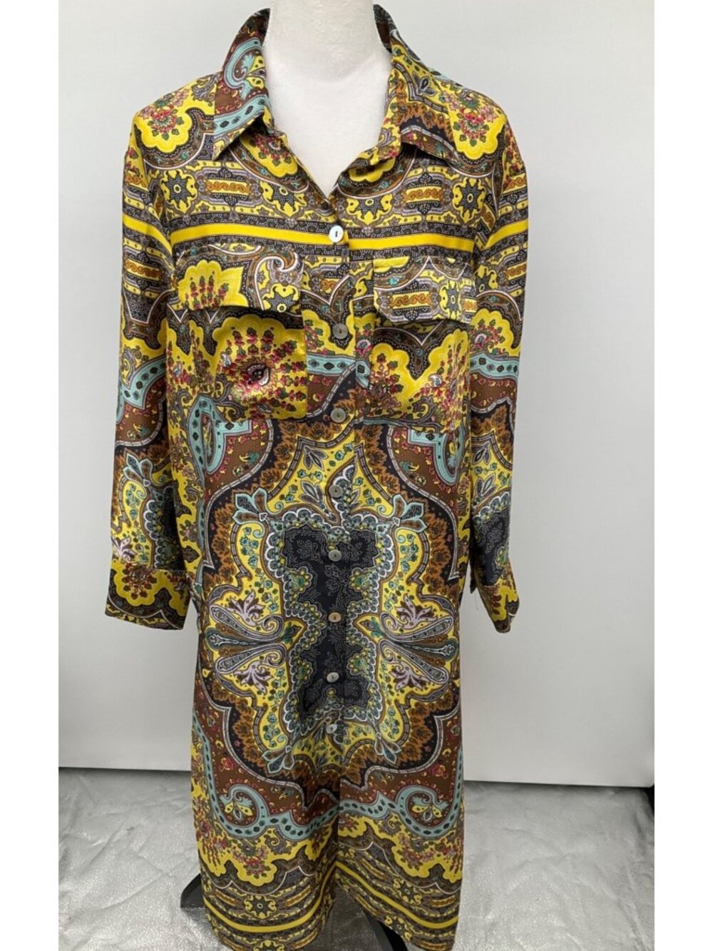 ZARA size XL Yellow Printed Tunic dress w/ Pockets NEW Boho Chic button front - Picture 2 of 10